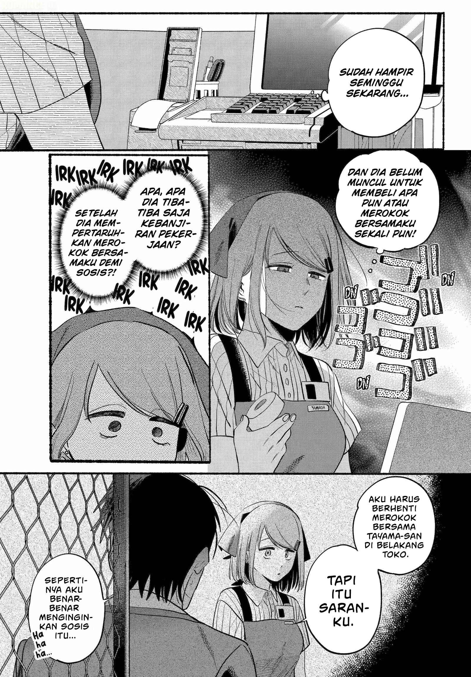 A Story About Smoking at the Back of the Supermarket (Super no Ura de Yani Suu Futari) Chapter 45 Bahasa Indonesia