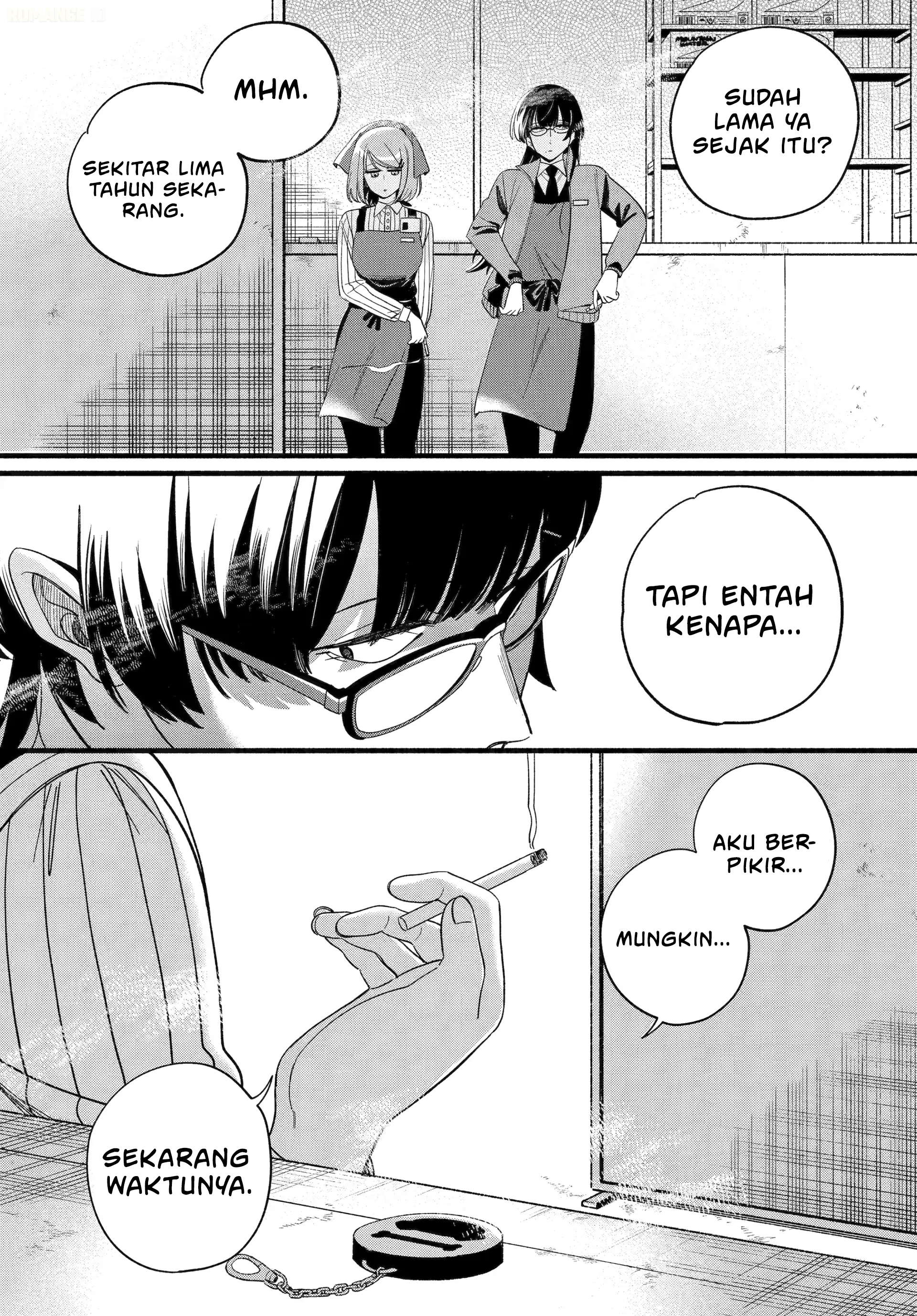A Story About Smoking at the Back of the Supermarket (Super no Ura de Yani Suu Futari) Chapter 55 Bahasa Indonesia