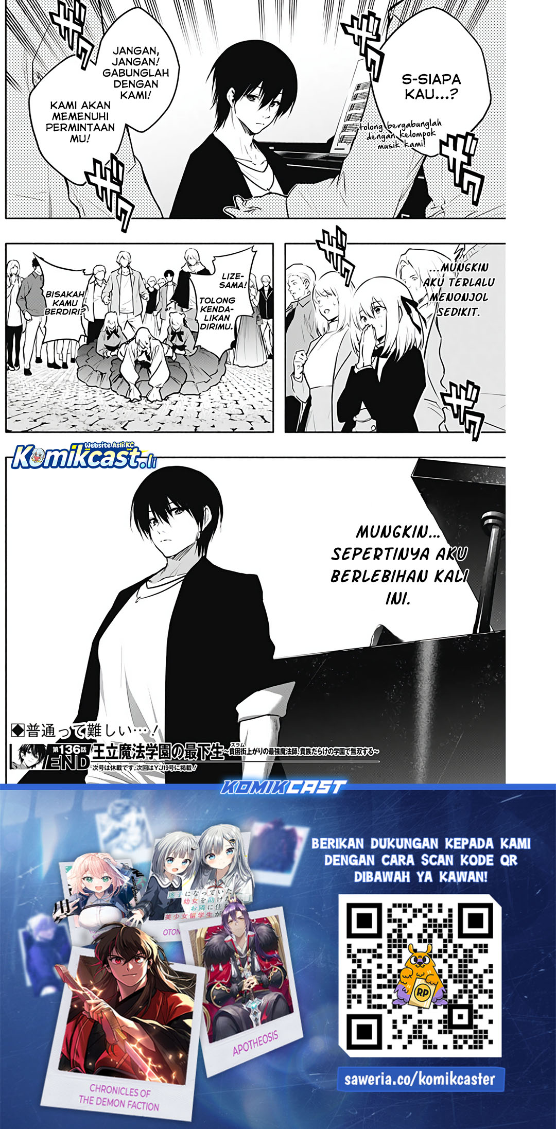 Ouritsu Mahou Gakuen no Saikasei: Slum Agari no Saikyou Mahoushi, Kizoku darake no Gakuen de Musou suru Chapter 136 Bahasa Indonesia